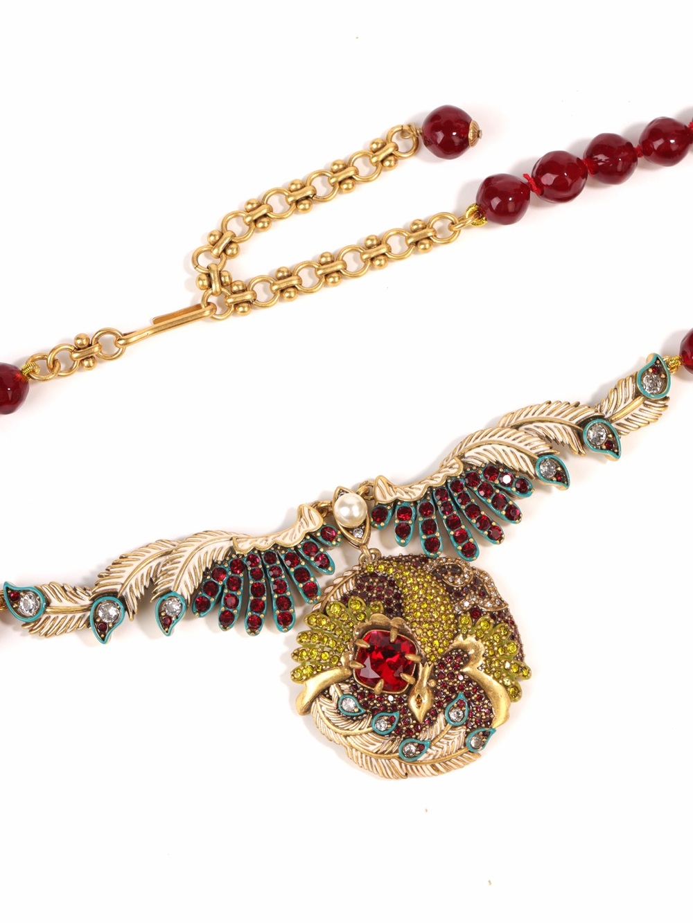 Vintage-Inspired Gold Tone Necklace with Red and Green Crystals - Designer